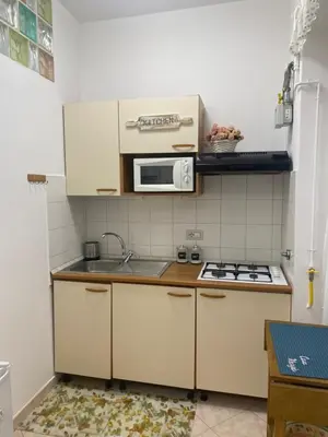 a small kitchen with a stove and a microwave at Casa Vacanze Marzia in Rome