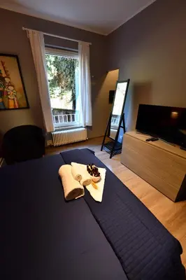 a living room with a cat laying on the floor at The Roman Residence in Rome
