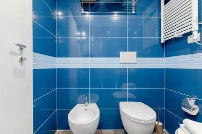 a blue tiled bathroom with a toilet and a bidet at Rhome Accomodation in Rome