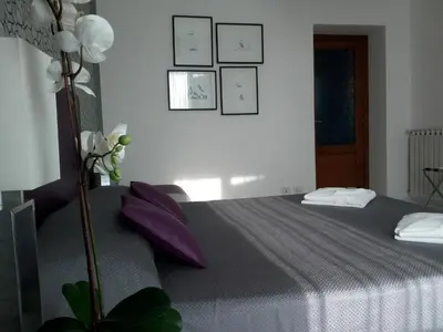a bedroom with a bed with purple pillows on it at FHR-Appartamento a San Giovanni in Rome