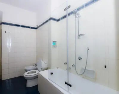 a bathroom with a shower and a toilet and a tub at Saint Peter House Germanico in Rome