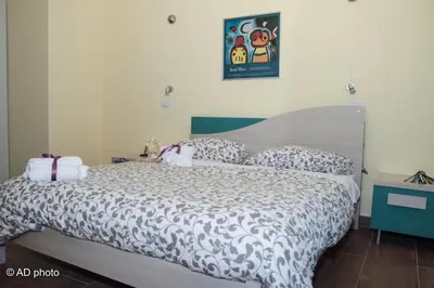 a bedroom with a bed with a black and white comforter at Homesuitehome in Rome