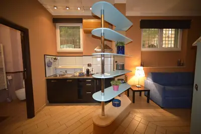 a kitchen with a shelf in the middle of a living room at Bed&BikeRome Suite in Rome