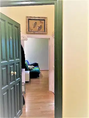 a hallway with a green door and a couch in a room at Casa Vacanze Colosseum by Alice in Rome