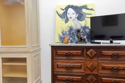 a tv on top of a dresser with a painting at YCH-Penthouse Fiammetta a Piazza Navona in Rome