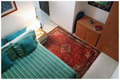 a living room with a green couch and a red rug at 1A Grace House in Rome