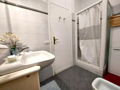 a white bathroom with a sink and a shower at Emilio's Home in Rome