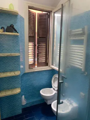a blue tiled bathroom with a toilet and a window at CASA CENEDA 46 in Rome