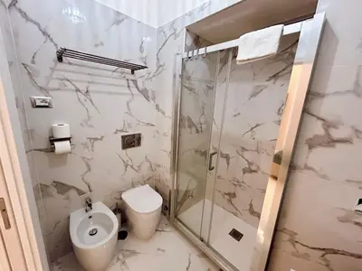 a bathroom with a toilet and a shower at San Pietro Rooms 84 in Rome