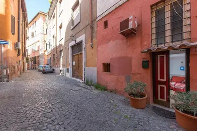 an alley with buildings and potted plants on a street at Moroni Trastevere Cozy Apartment in Rome