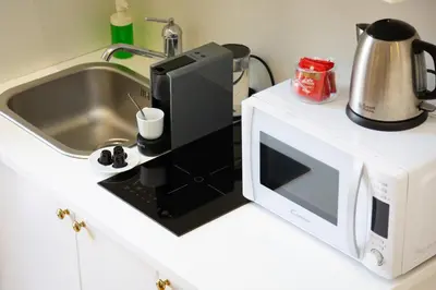 a microwave sitting on a counter next to a sink at Amazing Piazza Venezia Suites in Rome
