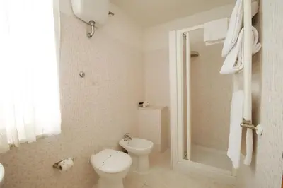 a white bathroom with a toilet and a shower at Hotel Alexis in Rome