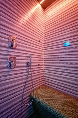 a bathroom with a pink wall with a hose at Ara Suite in Rome