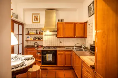 a kitchen with wooden cabinets and a stove top oven at Governo Vecchio in Rome