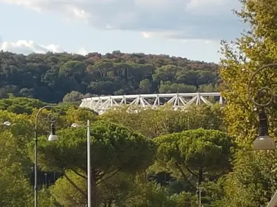 a large white bridge in the middle of a forest at Ponte della musica Teatro Olimpico in Rome