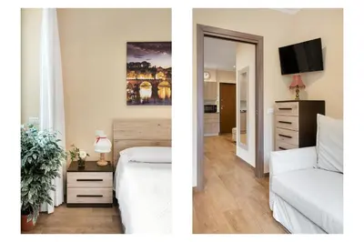 two pictures of a bedroom with a bed and a tv at ROMAN DREAM II in Rome