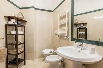 a bathroom with a sink and a toilet and a mirror at Casa Sangallo in Rome