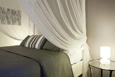 a bedroom with a bed with a white curtain at Happy Stay Guesthouse in Rome