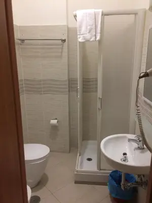 a bathroom with a shower and a toilet and a sink at Albergo Enrica in Rome