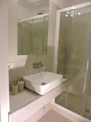 a bathroom with a sink and a glass shower at san cosimato suite in Rome