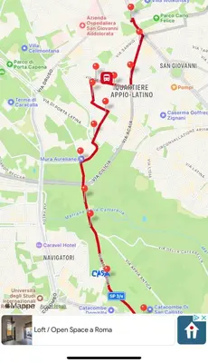 a map showing the route of the road at Appia Park apartament 10 min dal Colosseo in Rome