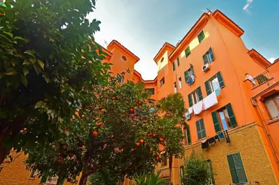 a street with buildings and potted trees and plants at Allegra's House Caracciolo in Rome