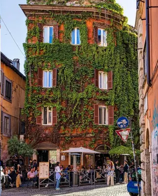 a building covered in ivy on the side of a street at Trastevere Stars in Rome