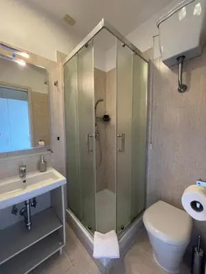 a bathroom with a shower and a toilet and a sink at Santa Bibiana B&B in Rome