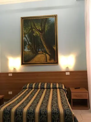a bedroom with a bed with a painting on the wall at Hotel Bolognese in Rome