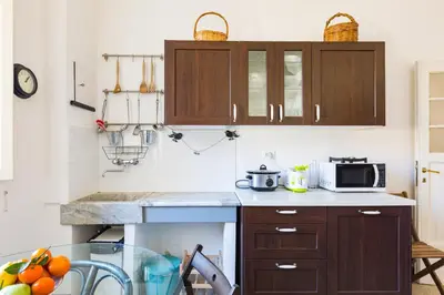 a kitchen with wooden cabinets and a counter top at PIAZZA MAZZINI APARTMENT in Rome