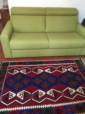 a green couch in a living room with a rug at Lovely Irnerio ❤ flat near S. Pietro ★ in Rome