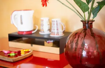 a red vase with a flower in it on a table at Domus Diana in Rome