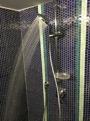 a shower in a bathroom with blue tiles at Sunny Side Trastevere in Rome