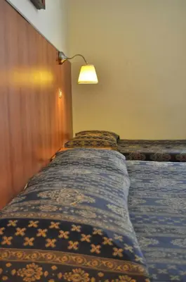 a bed in a room with a lamp on the wall at Hotel Fiorenza in Rome