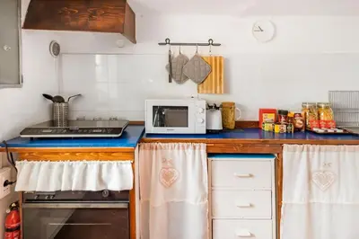 a kitchen with a counter top with a microwave at Trastevere Alley Apartment in Rome