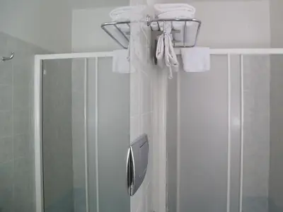 a bathroom with a shower and a towel rack at Guest House Masterintrastevere in Rome