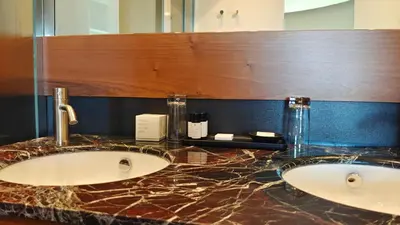 a bathroom counter with two sinks and a mirror at Triviho Hotel in Rome