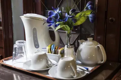 a tray with a vase of blue flowers and a blender at Tibullo Guesthouse in Rome