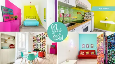 a collage of photos of a kitchen and a play room at Pop House in Rome