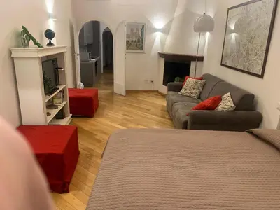 a living room with a couch and a tv at Downtown_Blossom with small terrace in Rome