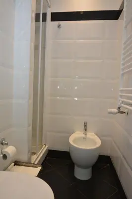 a white bathroom with a toilet and a shower at Petit Bijou de Rome Vatican-Trastevere in Rome