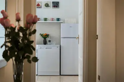 a kitchen with a white refrigerator and a vase with flowers at Marbel - Casa vacanze in Rome