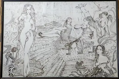 a drawing of a woman standing next to a group of people at Annette B&B in Rome