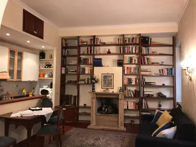 a living room with a fireplace and a book shelf with books at A CASA DI ZIA LOLA in Rome