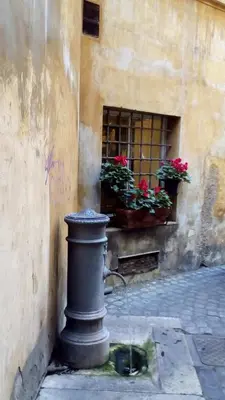 a pole next to a building with flowers in a window at Fontana Di Trevi - Central Apartment in Rome in Rome