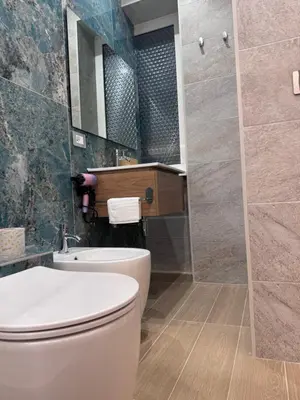 a bathroom with a toilet and a sink and a mirror at Living in Rome