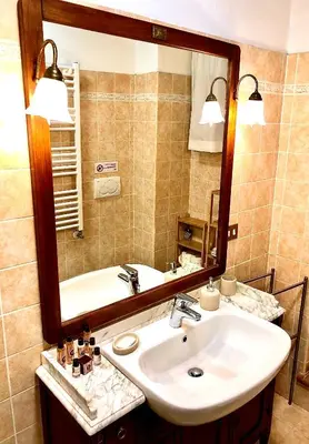 a bathroom with a sink and a large mirror at La Tana al Flaminio in Rome