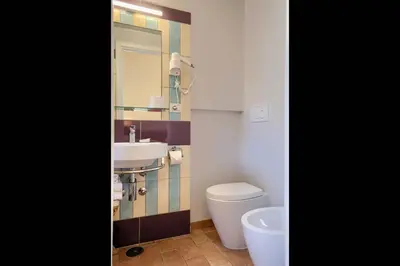 a bathroom with a sink and a toilet and a mirror at Alloggio per uso turistico D'Ambrosio Antonella Gli Scipioni 53 in Rome