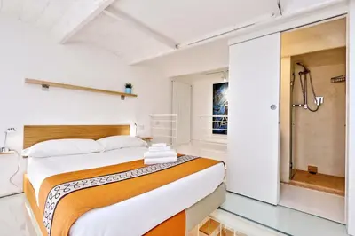 a bedroom with a large bed and a shower at Design Loft Campo dei Fiori in Rome