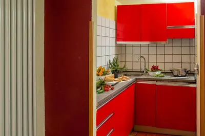 a red kitchen with a sink and red cabinets at Bollo Apartments in Rome